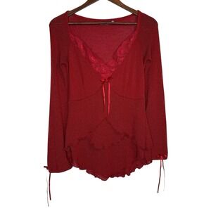 Y2K Rinascimento Babydoll Knit Top M Italian Ruffled Lace Trim Burgundy Red Bows